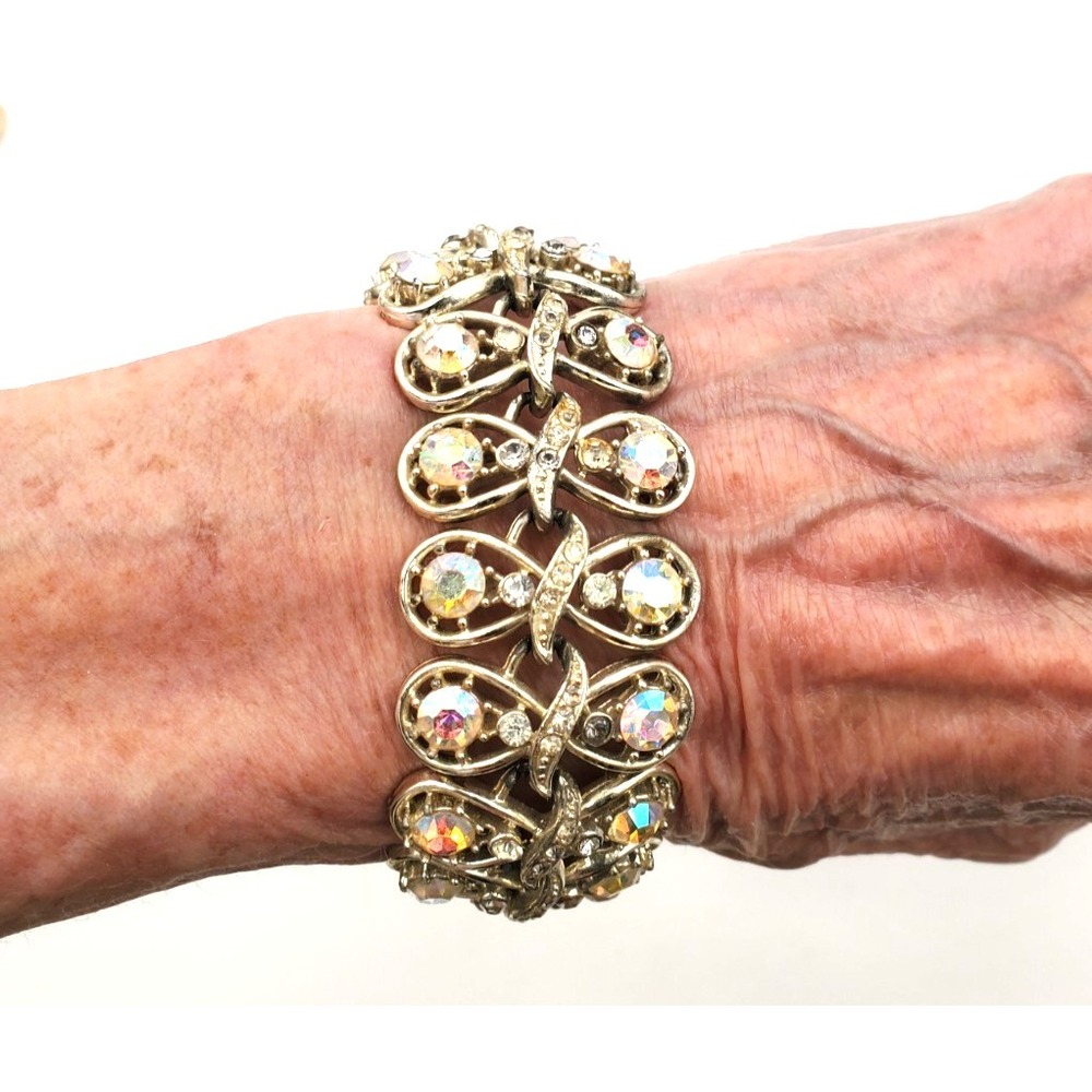 Vintage Coro Aurora Borealis Rhinestone Wide Bracelet Silver Tone AB